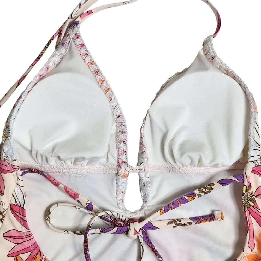 Cupshe Dahlia Daisy Halter One Piece Swimsuit Plunging Neckline M Retro Floral